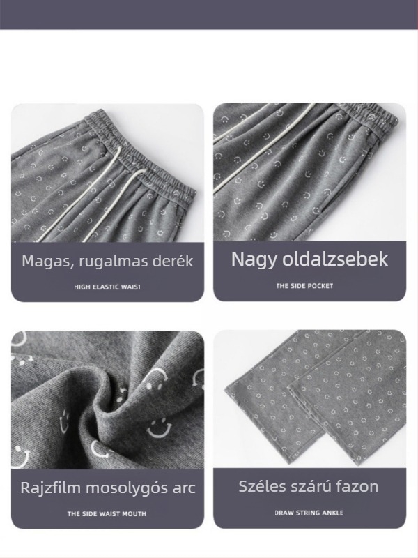 Női mosolygós mintás laza szabású széles nadrág, magas derekú, kényelmes, mindennapi sportnadrág tavasz-őszi