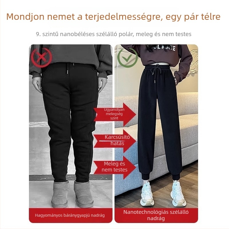 Női téli edző nadrág polár belsővel, vastag, szélálló, magas derekú, egyenes szabású, casual sportos stílus