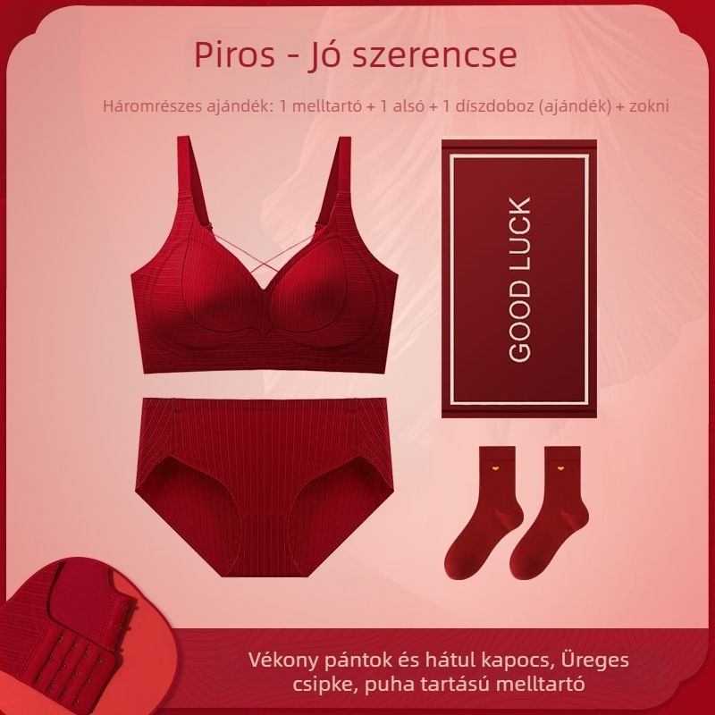 Piros női fehérnemű menyasszony számára push-up melltartóval, 3/4 kosár, hátul három sor zár, luxus stílus, ajándékdoboza