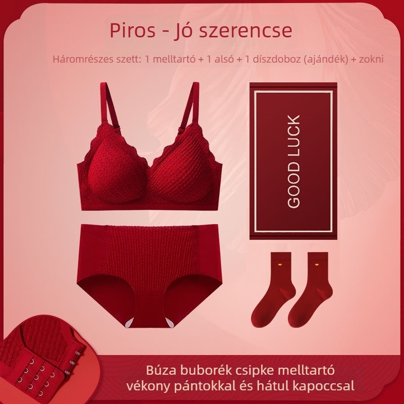 Piros női fehérnemű menyasszony számára push-up melltartóval, 3/4 kosár, hátul három sor zár, luxus stílus, ajándékdoboza