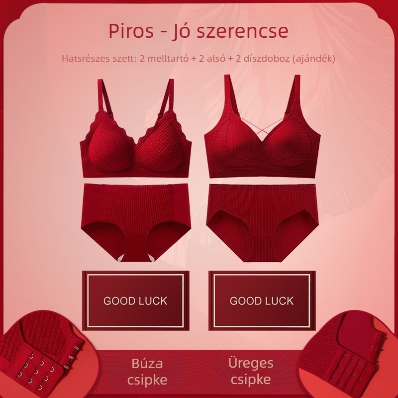 Piros női fehérnemű menyasszony számára push-up melltartóval, 3/4 kosár, hátul három sor zár, luxus stílus, ajándékdoboza