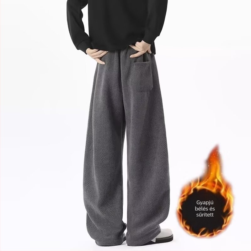 Férfi téli laza szabású egyenes nadrág fleece-béléssel, texturált anyagból, hétköznapi streetwear