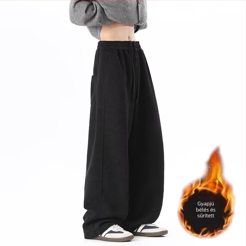 Férfi téli laza szabású egyenes nadrág fleece-béléssel, texturált anyagból, hétköznapi streetwear