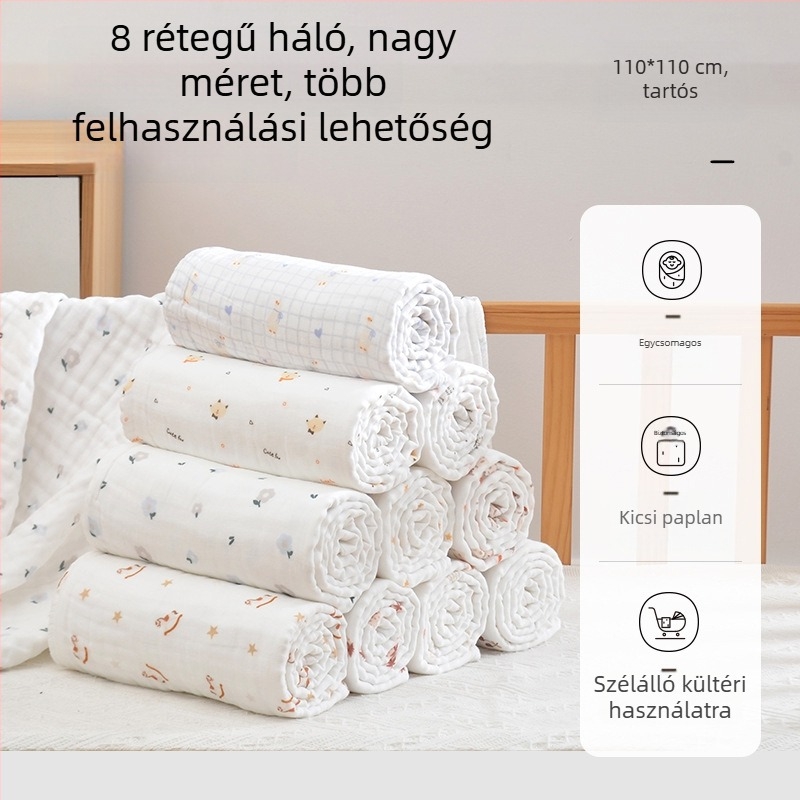Újszülött baba fürdő törölközője, 100% pamutból, 8 réteg géz, vastag takaró téli használatra
