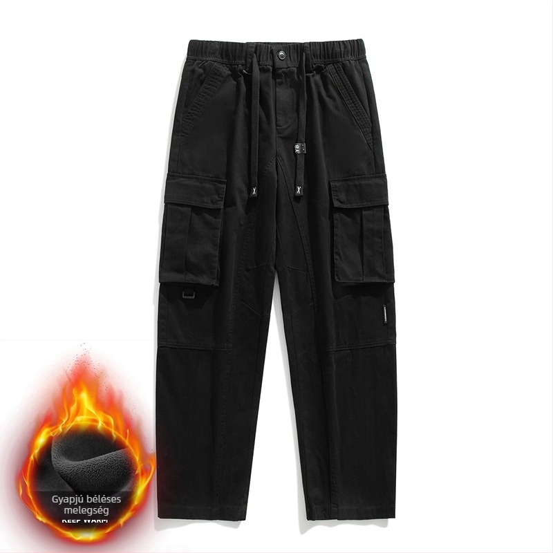 Férfi fleece-béléses casual nadrág, lazán szabott egyenes szabás, kültéri és mindennapi viselet, modell 8812-1