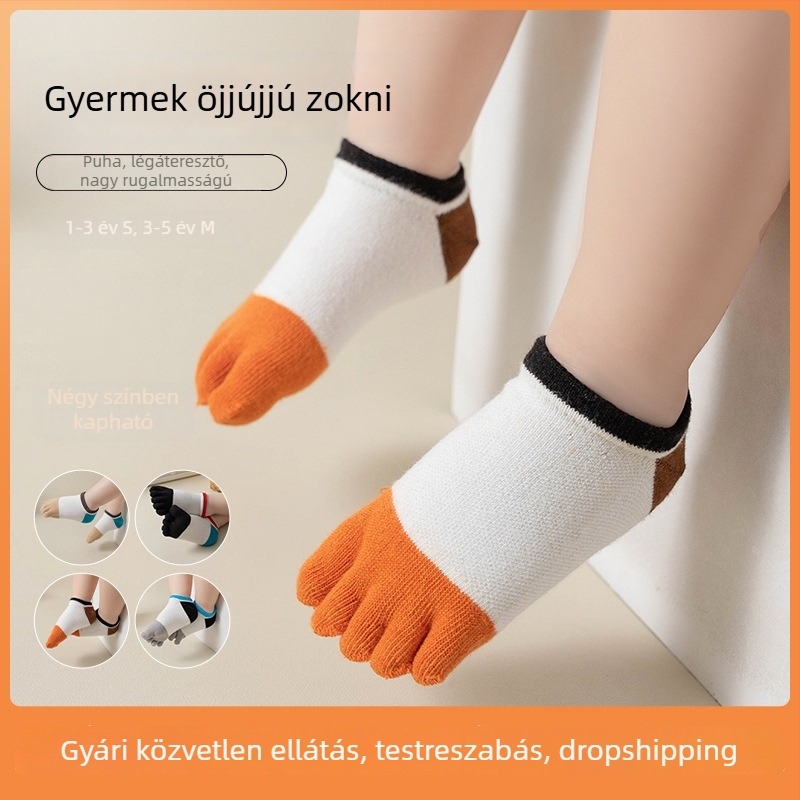 Gyerekeknek szóló ötujjú zokni, légáteresztő, nedvszívó pamutból, rövid, több színű, uniszex