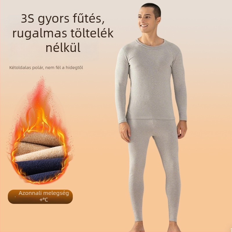 Férfi gyapjú-selyem termoszett fleece-sel bélelt, vastag téli felső és nadrág