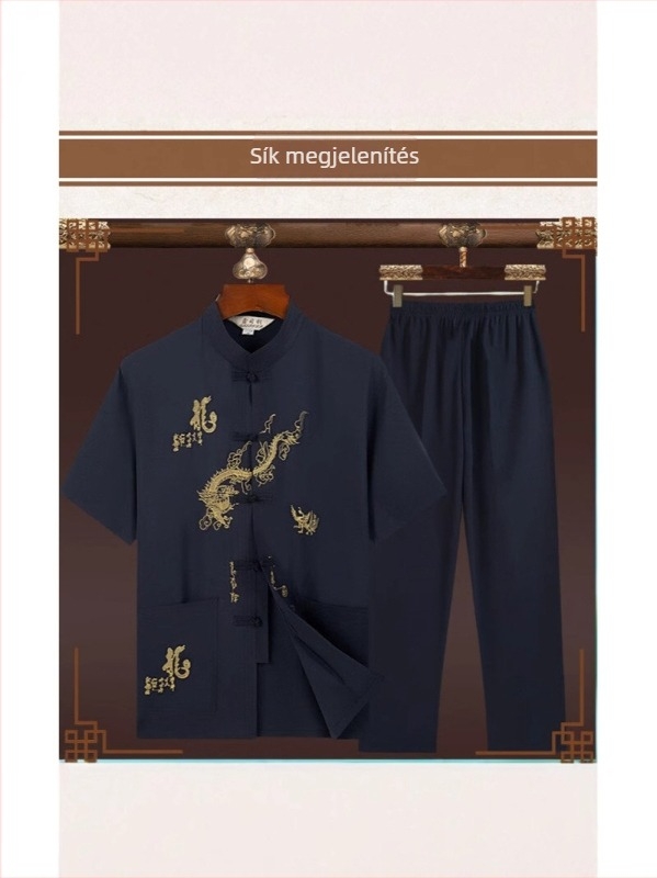 Nyári rövid ujjú felső álló gallérral Tang-stílusban, kínai stílusú Hanfu ihletésű férfi készlet középkorúak és idősebbek számára