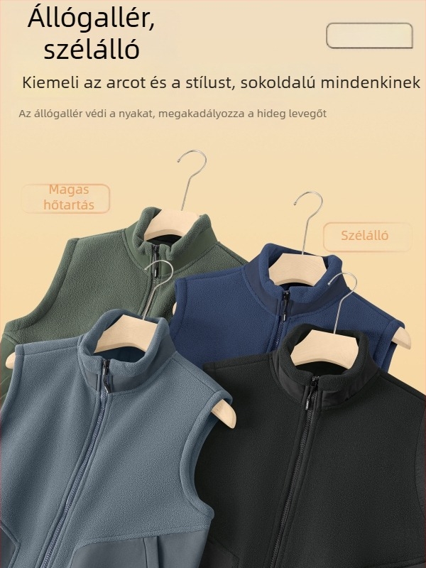 Férfi polár mellény cipzárral és álló gallérral, kétoldalas fleece, vastag téli külső ruházat