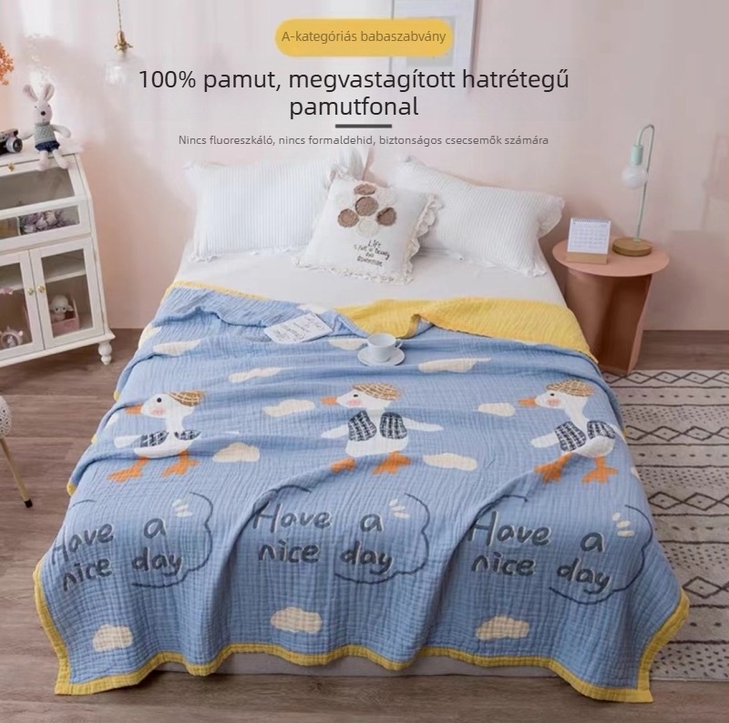 6 réteg géz csecsemő fürdőlepedő, 150x200 cm, pamut géz, rajzfilm minta, nyári hűsítő törölköző