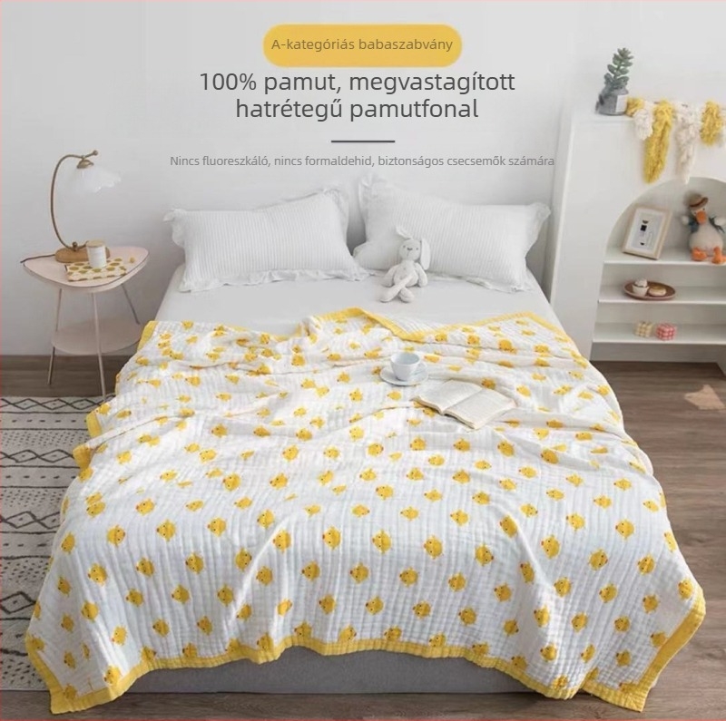 6 réteg géz csecsemő fürdőlepedő, 150x200 cm, pamut géz, rajzfilm minta, nyári hűsítő törölköző