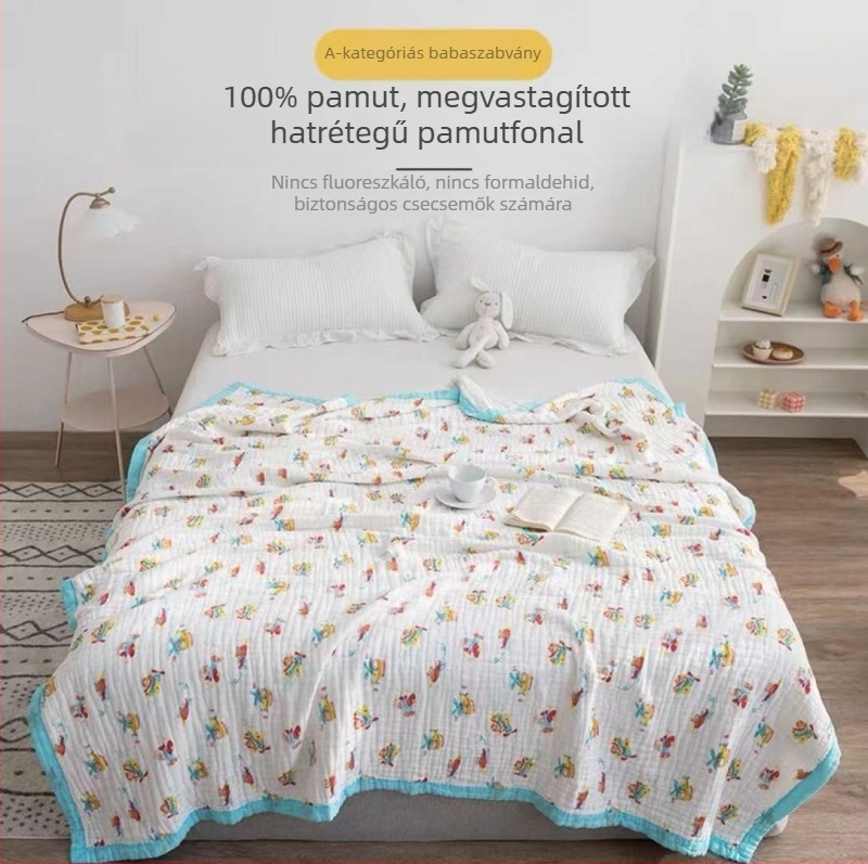 6 réteg géz csecsemő fürdőlepedő, 150x200 cm, pamut géz, rajzfilm minta, nyári hűsítő törölköző
