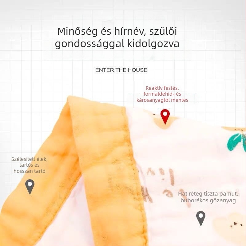 6 réteg géz csecsemő fürdőlepedő, 150x200 cm, pamut géz, rajzfilm minta, nyári hűsítő törölköző