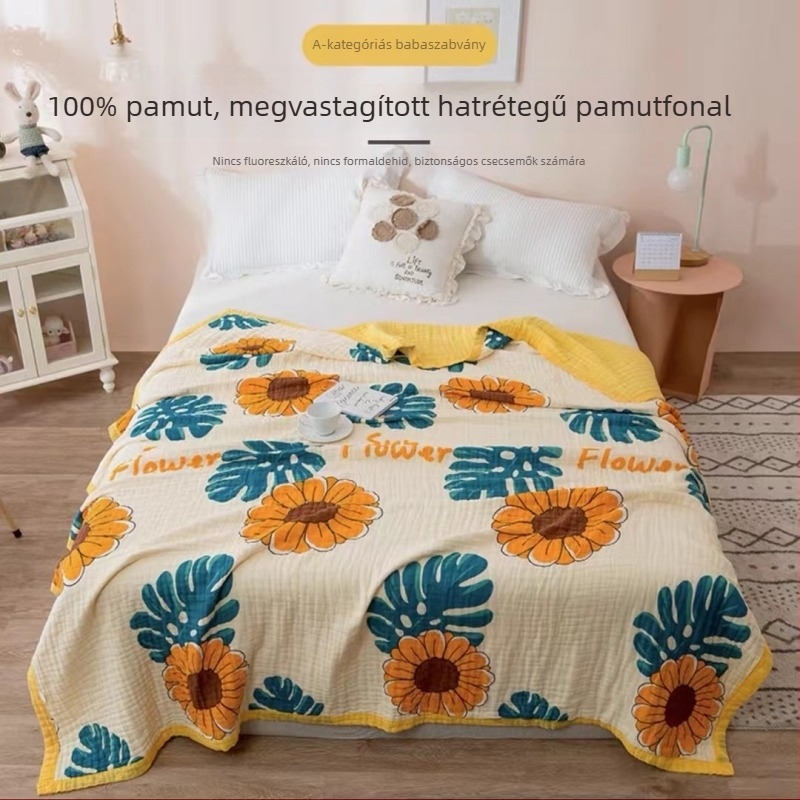 6 réteg géz csecsemő fürdőlepedő, 150x200 cm, pamut géz, rajzfilm minta, nyári hűsítő törölköző