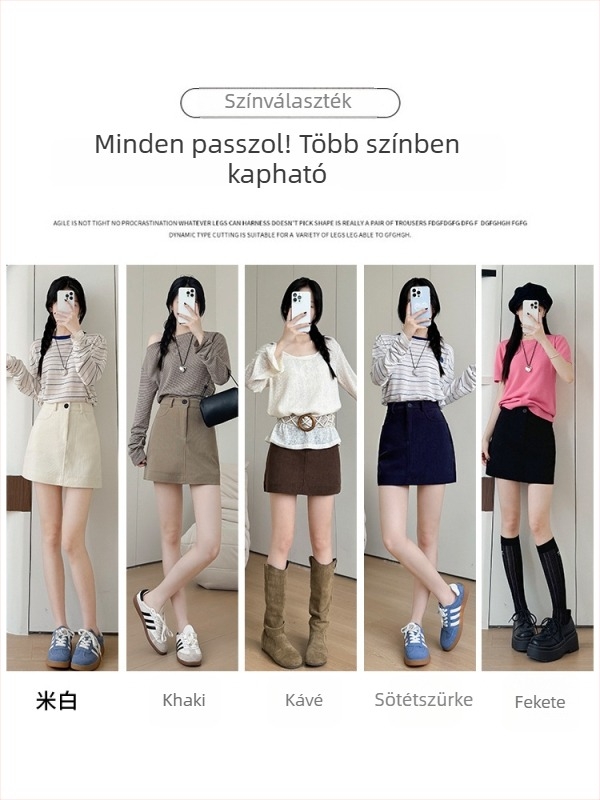 Elefántcsont színű corduroy női A-vonalú rövid szoknya, karcsú szabás, elegáns és előnyös a kisebb alkathoz