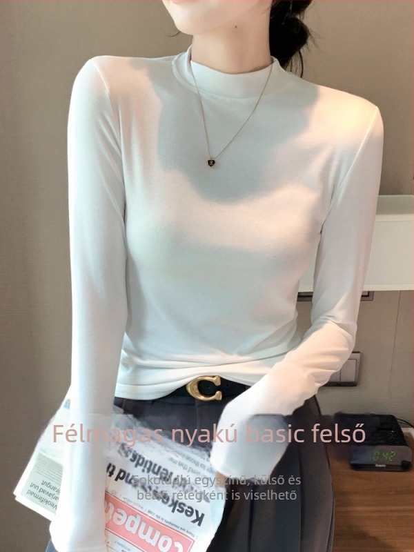 H535 Női hosszú ujjú modal felső - egyszínű, őszi álló galléros slim fit felső