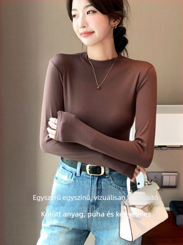 H535 Női hosszú ujjú modal felső - egyszínű, őszi álló galléros slim fit felső