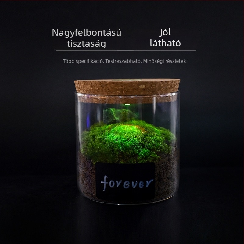 Világító üveg tárolóedény parafa kupakkal, porálló, többfunkciós bemutató üveg