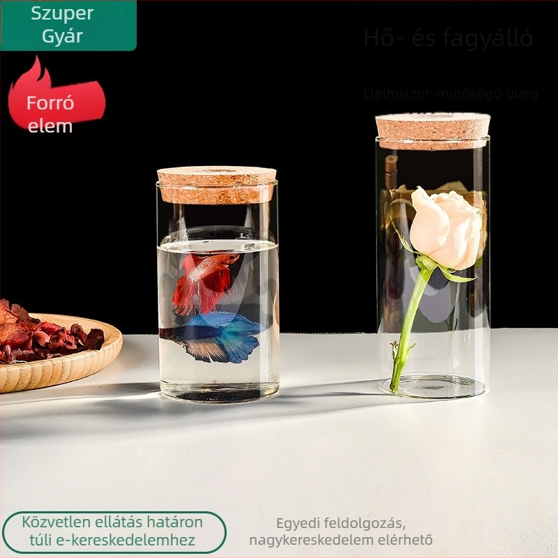Világító üveg tárolóedény parafa kupakkal, porálló, többfunkciós bemutató üveg