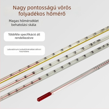 Vörös folyadékú laboratóriumi hőmérő üvegrúddal, víz/kerozin/alkohol, 100°C