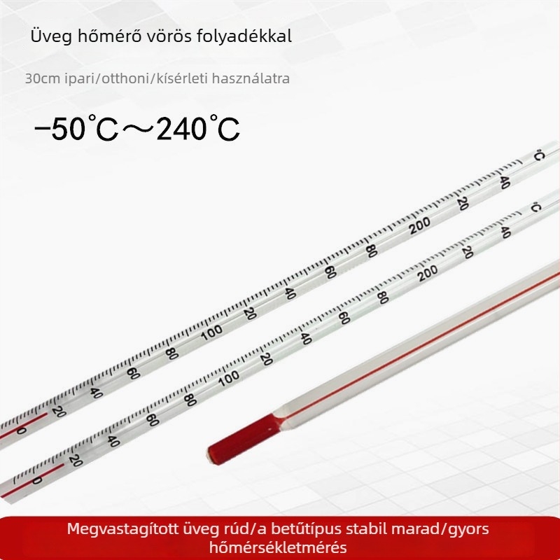 Vörös folyadékú laboratóriumi hőmérő üvegrúddal, víz/kerozin/alkohol, 100°C