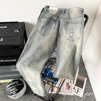 Tavaszi férfi farmernadrág spray-mintával – Koreai stílus, Hongkong-i hatás, laza szabás, egyenes szár