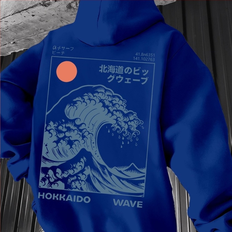 Férfi kapucnis pulóver japán hullámos mintával, vintage szörfös stílus a Kanagawa-i Nagy Hullám motívummal