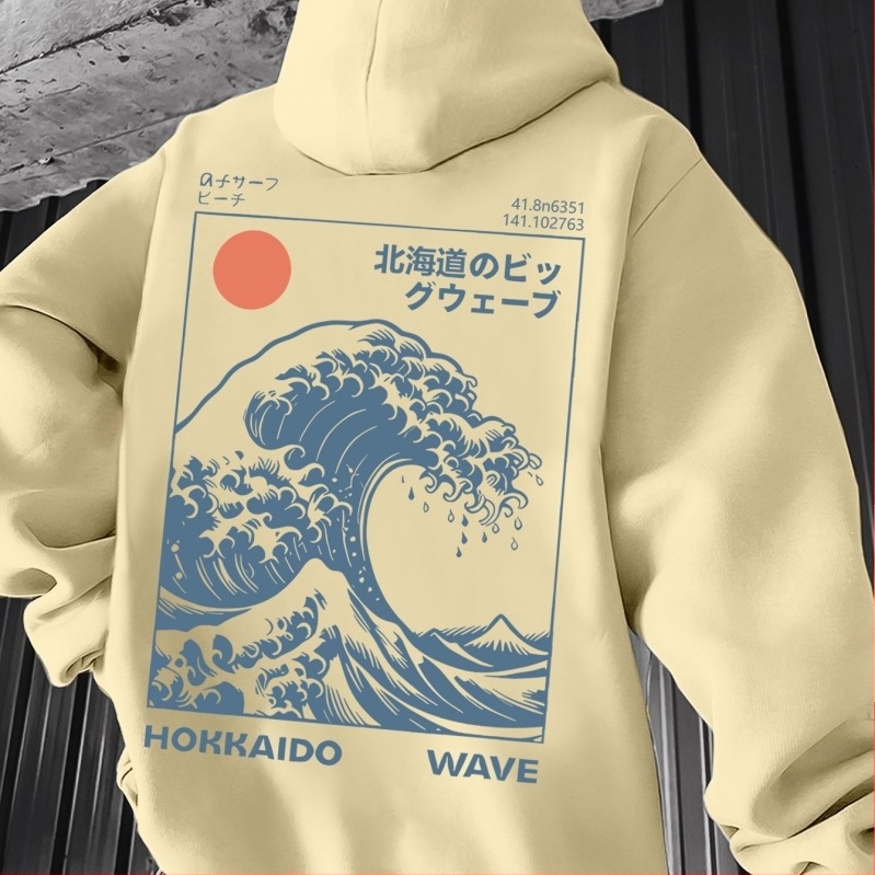 Férfi kapucnis pulóver japán hullámos mintával, vintage szörfös stílus a Kanagawa-i Nagy Hullám motívummal