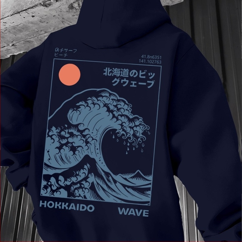 Férfi kapucnis pulóver japán hullámos mintával, vintage szörfös stílus a Kanagawa-i Nagy Hullám motívummal