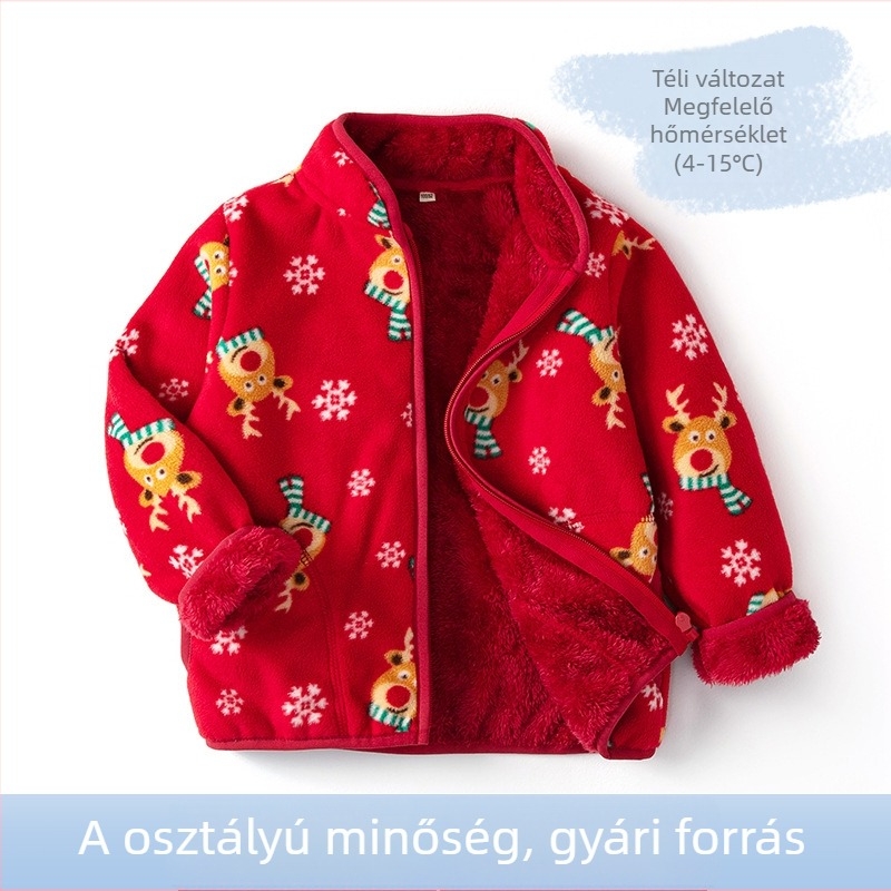 420 g-os vastag fleece kabát gyerekeknek, lányoknak, szarvas mintával, rövid fazon, cipzárral