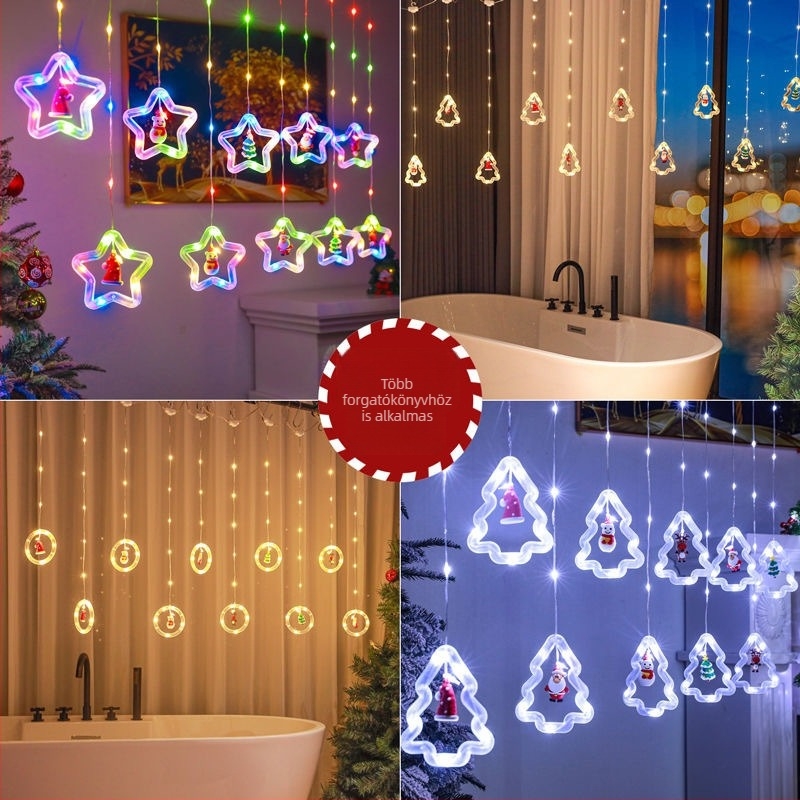Karácsonyi LED függönyvilágítás csillag- és gyűrű motívumokkal, 3 m, 120 LED, USB tápegység, IP44, távvezérlővel állítható fényerő, meleg fehér 3000K