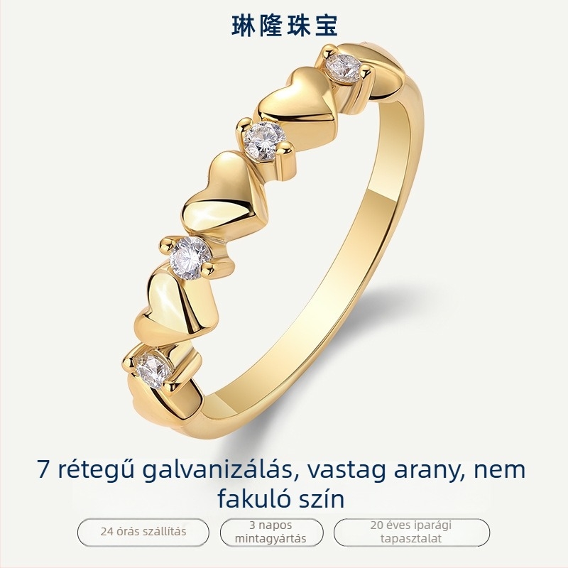 925 sterling ezüst gyűrű szív–szív motívummal és aranyozott felülettel, moissanit beépítéssel, női divatgyűrű