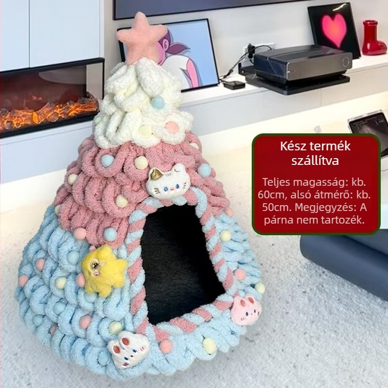DIY készlet karácsonyfa alakú macskaodúhoz – filcből készült, kúpos kialakítású, félig zárt, beltéri használatra