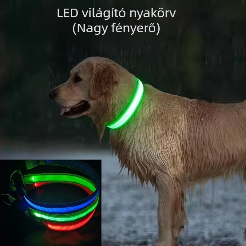 USB-s újratölthető LED világító nyakörv macskáknak és kutyáknak, nagy kapacitású akkumulátorral