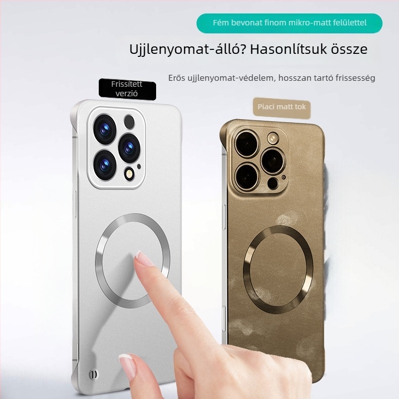 Mágneses PC tok fényes fémes felülettel, keret nélküli, bőrérzetű tapintású, iPhone 14 Pro/14 Pro Max és 13/12 sorozathoz.