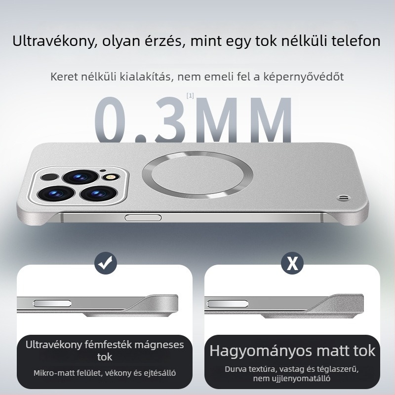 Mágneses PC tok fényes fémes felülettel, keret nélküli, bőrérzetű tapintású, iPhone 14 Pro/14 Pro Max és 13/12 sorozathoz.