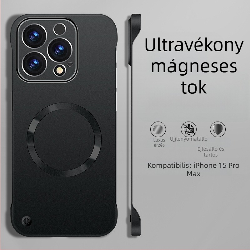 Mágneses PC tok fényes fémes felülettel, keret nélküli, bőrérzetű tapintású, iPhone 14 Pro/14 Pro Max és 13/12 sorozathoz.