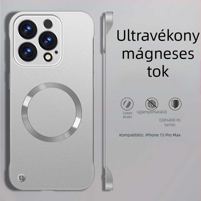 Mágneses PC tok fényes fémes felülettel, keret nélküli, bőrérzetű tapintású, iPhone 14 Pro/14 Pro Max és 13/12 sorozathoz.