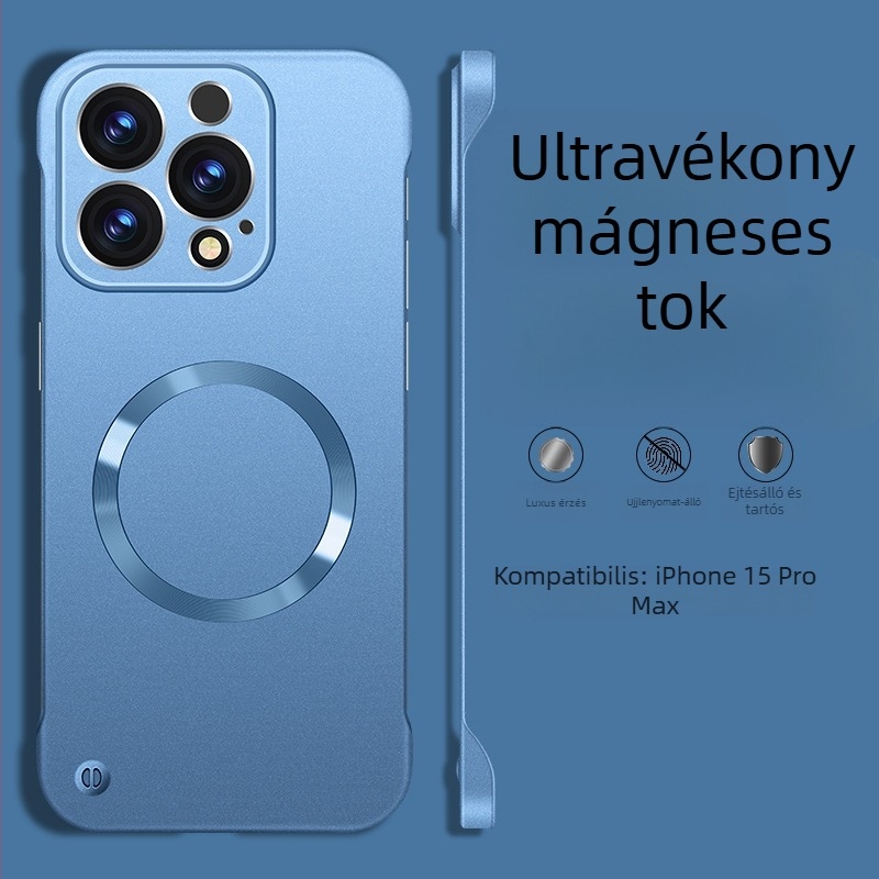 Mágneses PC tok fényes fémes felülettel, keret nélküli, bőrérzetű tapintású, iPhone 14 Pro/14 Pro Max és 13/12 sorozathoz.