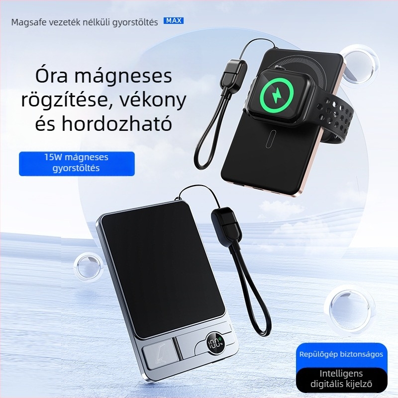 Mágneses vezeték nélküli külső akkumulátor 6000mAh, ultra vékony, 3‑in‑1 állvány óra számára, PD2.0 gyors töltés, kompatibilis az iPhone 17-tel