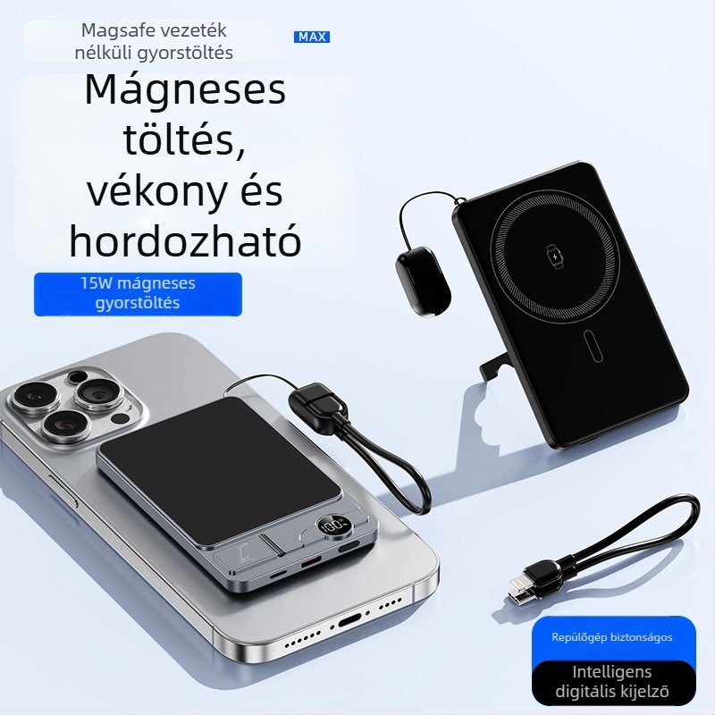 Mágneses vezeték nélküli külső akkumulátor 6000mAh, ultra vékony, 3‑in‑1 állvány óra számára, PD2.0 gyors töltés, kompatibilis az iPhone 17-tel