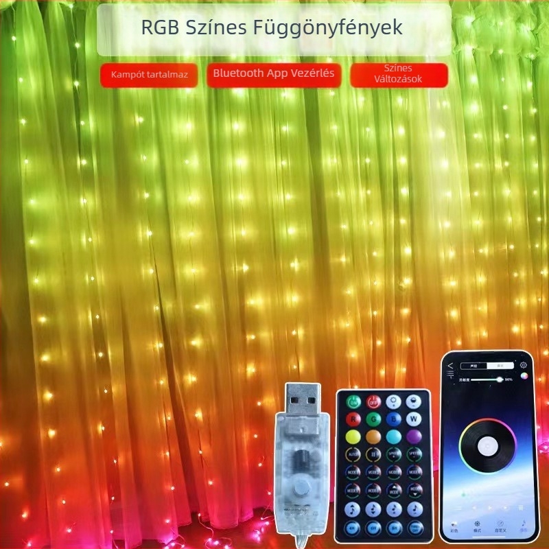 Bluetooth-vezérelt színváltó LED függönystring világítás, USB-táplálás, 10 m, 100 LED, hangvezérlés és zenével szinkronizálás
