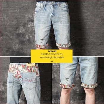 Férfi denim rövidnadrág hímzéssel és repesztésekkel, könnyű luxus stílus, hossz a comb középtájt, pamut-poliészter keverék, széles szabás