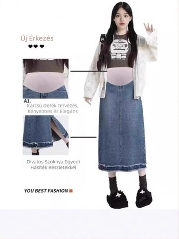Kismama denim szoknya haspanellel, középméretű hosszúságú, retro stílus