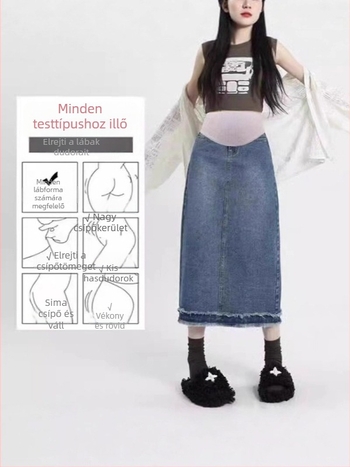 Kismama denim szoknya haspanellel, középméretű hosszúságú, retro stílus