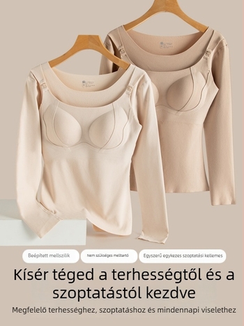 Mama szoptatós melegítő felső beépített melltartó párnákkal, téli termális felső, karcsú szabás, 3/4 ujjú, kerek nyak, 2025-ös modell