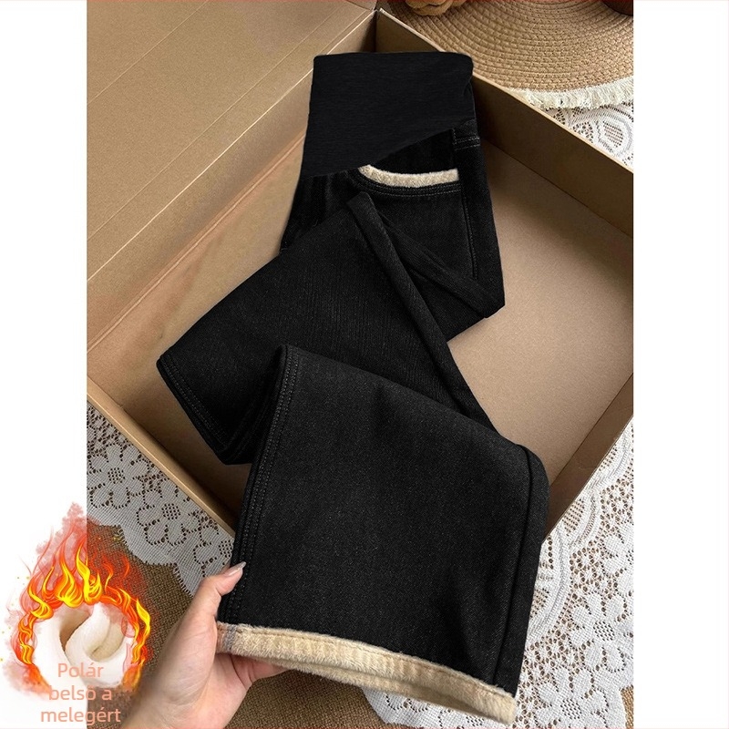 Terhes denim nadrág bársonybéléssel téli viselet, rugalmas denim
