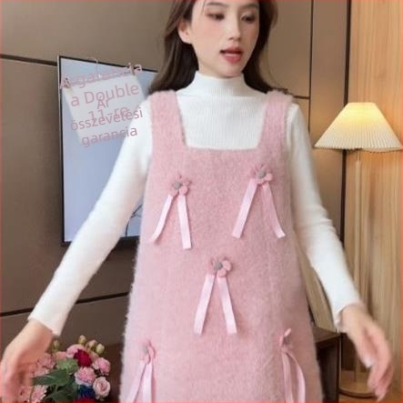 Kismama szett: hosszú ujjú kötött felső + ruha, egyszínű, pamut 70–80%