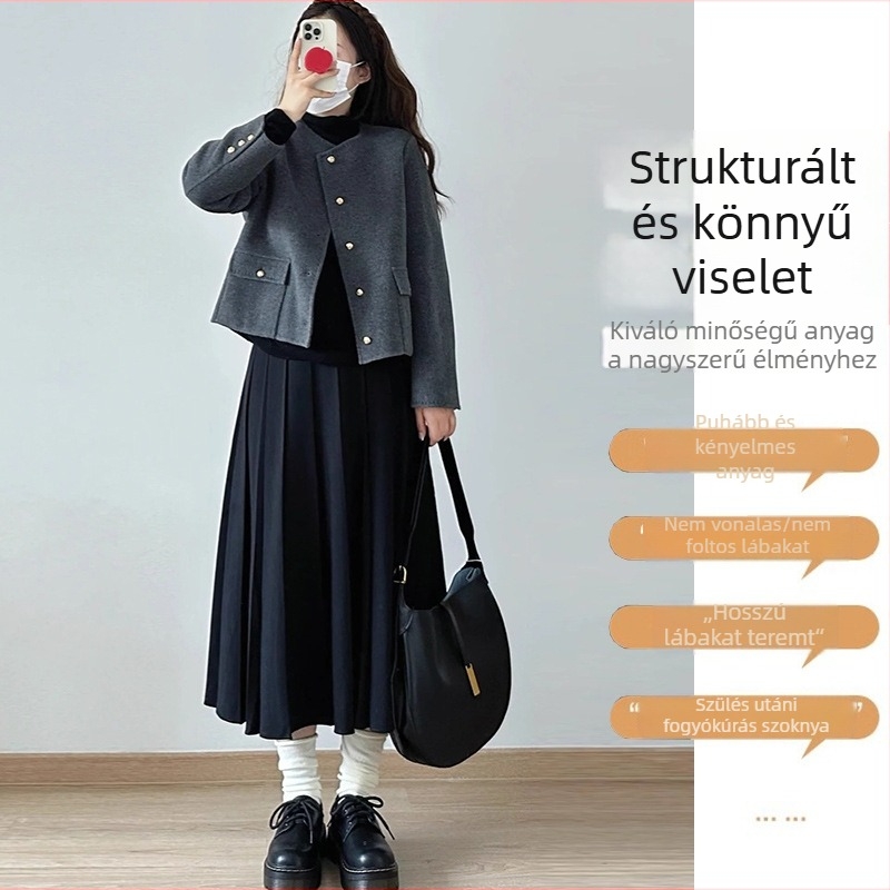 Kismama kötött gyapjúból készült pliszírozott midi A-vonalú szoknya, csípőfedéssel, 95%+ gyapjú tartalom, egyszerű szövet, téli modell