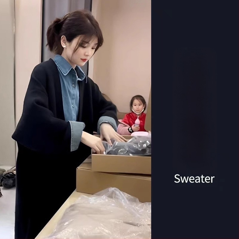 Anyasági szett: denim ruha és kabát, hosszú ujjú, akril anyag, midi szabálytalan szoknya, utcai divat